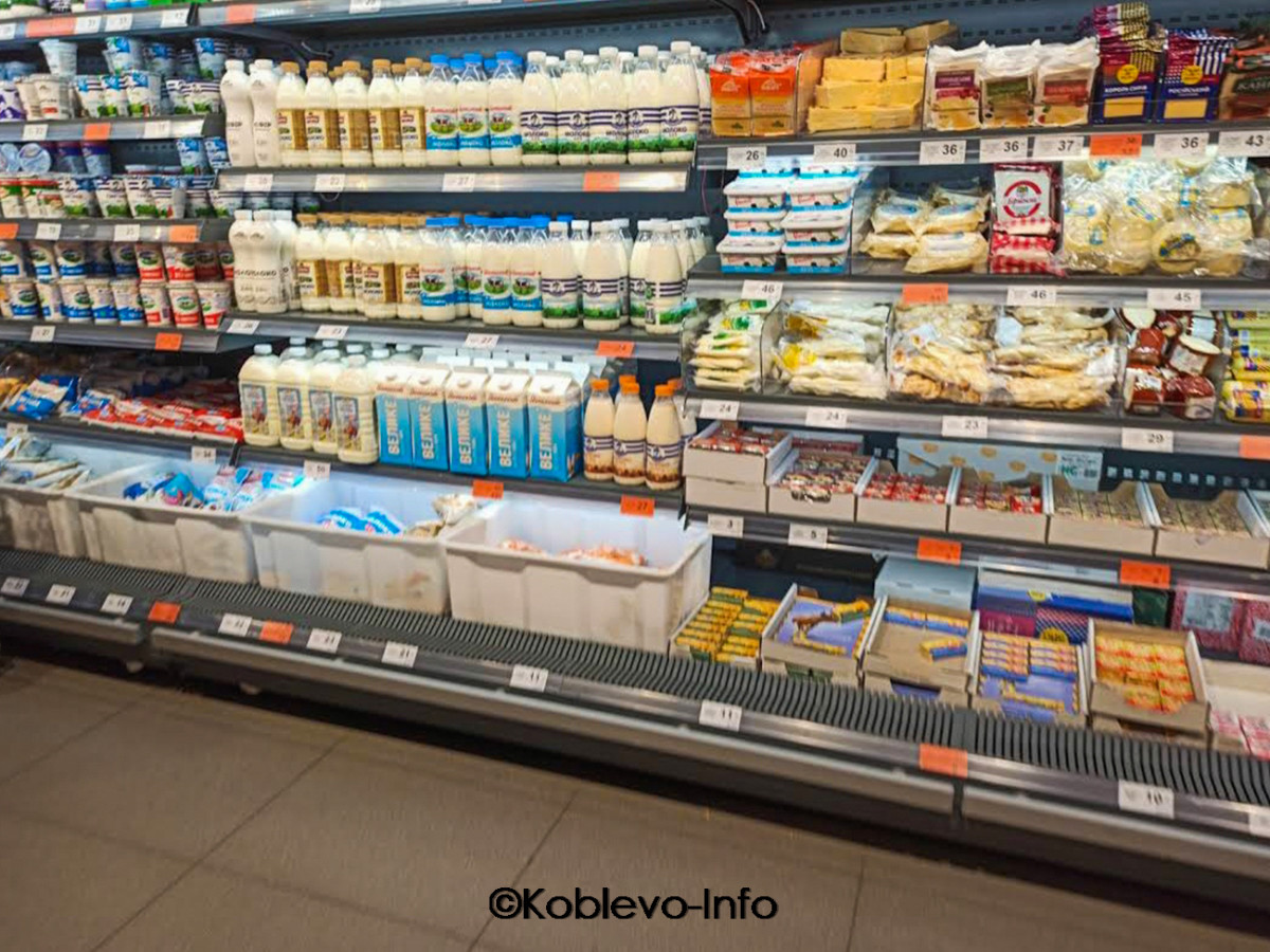 Торговый ряд с молочными продуктами в магазине Коблево